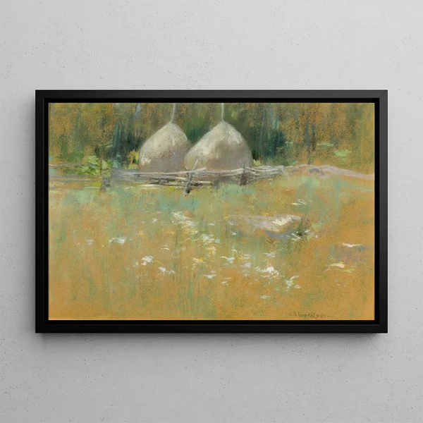 Haystacks at the Edge of the Woods - John Henry Twachtman — framed artwork on a wall