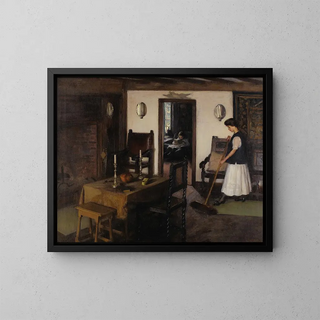 Woman tidying up the kitchen - John Hubbard Rich — framed artwork on a wall