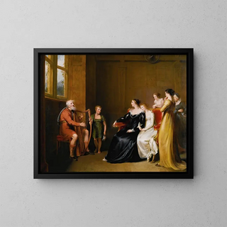 The minstrel singing his tune to Duchess of Buccleuch after The song of the last minstrel by Walter Scott - John James Masquerier — framed artwork on a wall