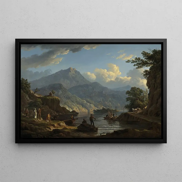 Landscape painting with tourists at Loch Katrine - John Knox — framed artwork on a wall