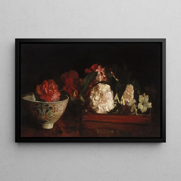 Flowers on a Japanese tray on a mahogany table - John La Farge — framed artwork on a wall