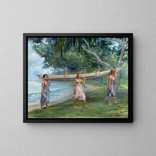 Girls carrying a canoe at Vaiala, Samoa - John La Farge — framed artwork on a wall
