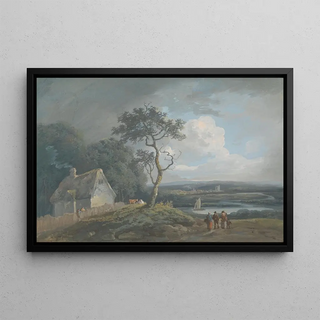 John Laporte - Morning River Scene with Figures near a Cottage.webp