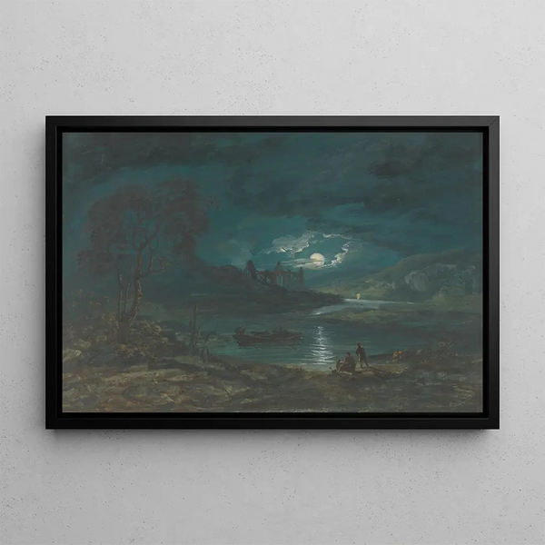 Nighttime river landscape painting with a ruined abbey - John Laporte — framed artwork on a wall