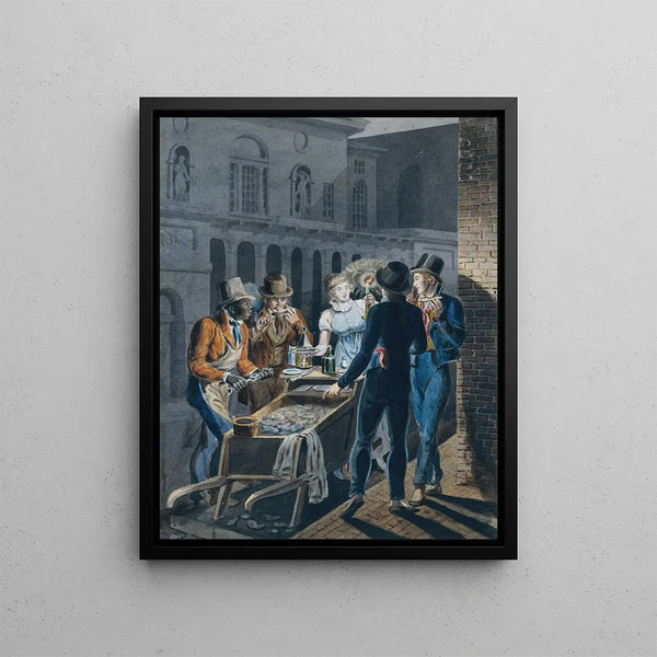 Nightlife in Philadelphia, Oyster Barrow in front of the Chestnut Street Theater - John Lewis Krimmel — framed artwork on a wall