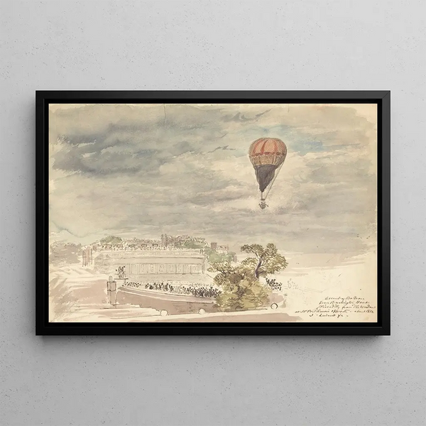 Ascension of a hot air balloon from Burlington House, Piccadilly, from the window at Mr. B. Palmer's - John Linnell — framed artwork on a wall
