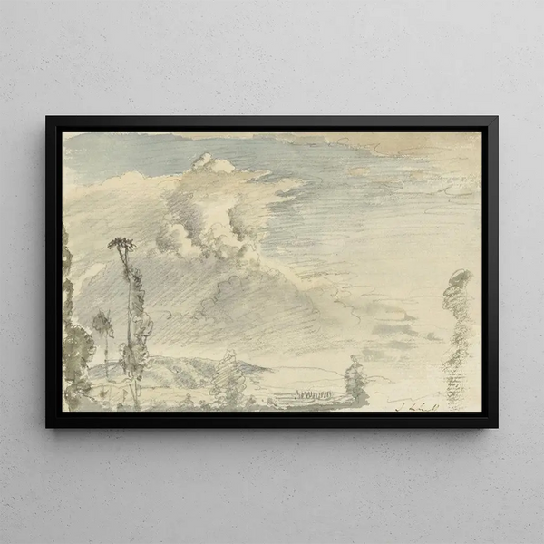 Cloudy sky painting over a hilly landscape - John Linnell — framed artwork on a wall