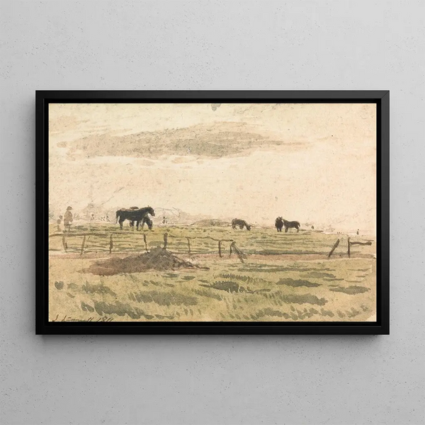 Horses in a paddock - John Linnell — framed artwork on a wall