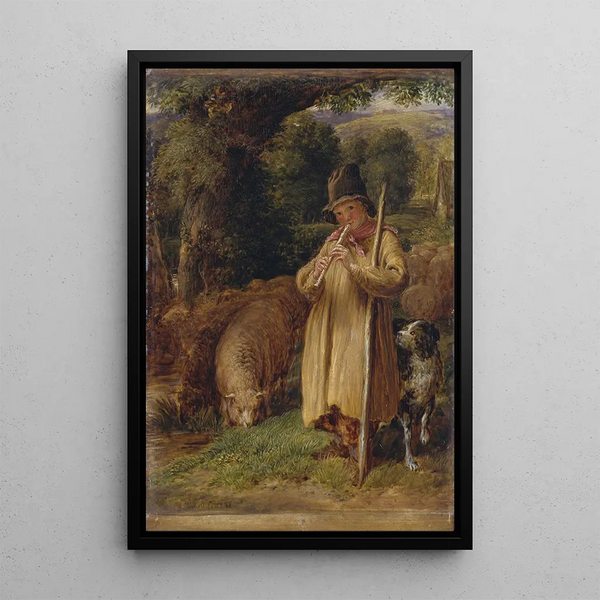 Young shepherd playing the flute - John Linnell — framed artwork on a wall