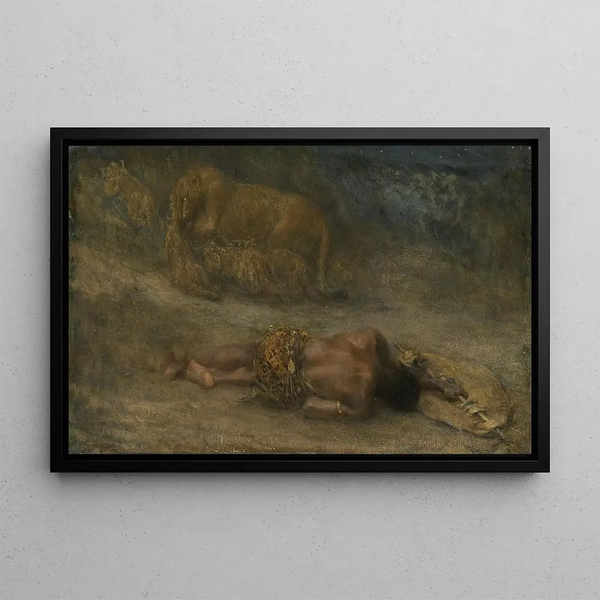 a lioness with her cubs near a dead black man named Némésis - John Macallan Swan — framed artwork on a wall