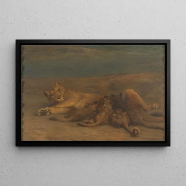a painting of a lioness with four lion cubs nursing called Maternal Love - John Macallan Swan — framed artwork on a wall