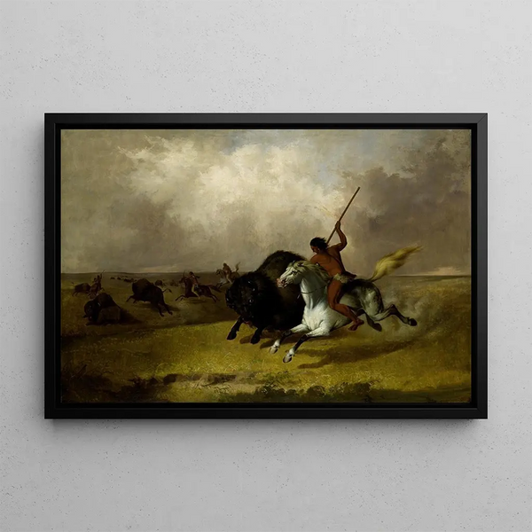Bison Hunt Painting in the Southwestern Prairies - John Mix Stanley — framed artwork on a wall
