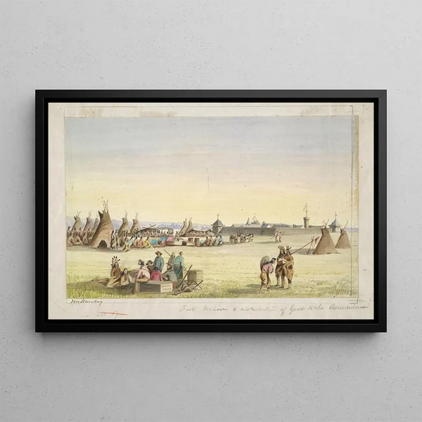 Fort Union and Goods Distribution to the Assiniboins - John Mix Stanley — framed artwork on a wall