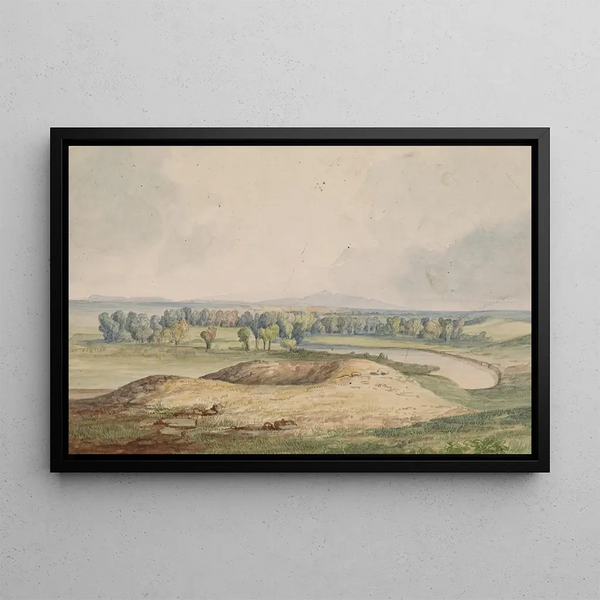 River Milk, mountain Bears Paw in the distance - John Mix Stanley — framed artwork on a wall