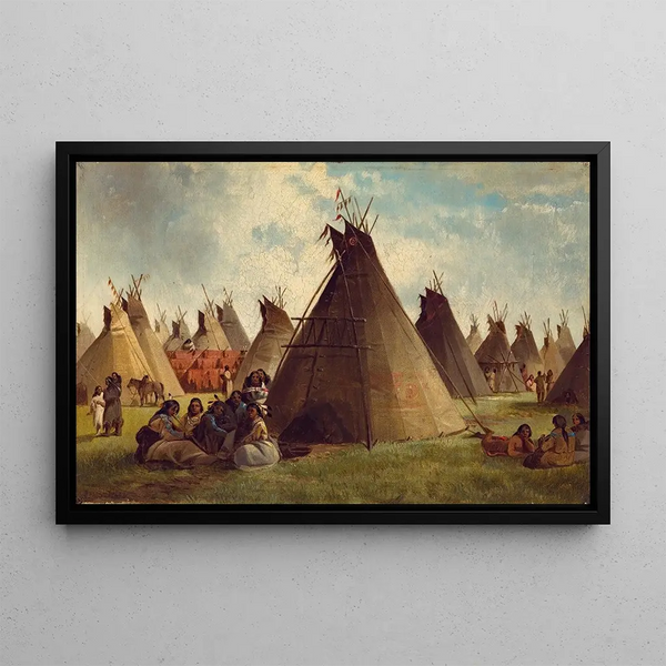 Indian encampment painting in the prairie - John Mix Stanley — framed artwork on a wall