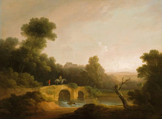 Landscape painting with figures crossing a bridge - John Rathbone — artwork view