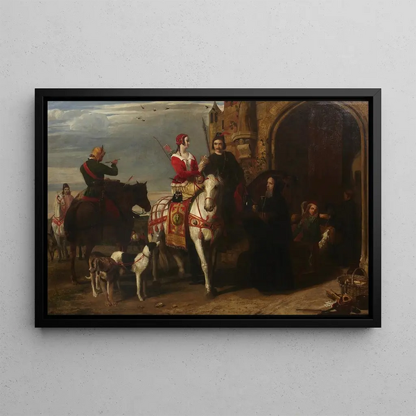 The Monastery in the 14th Century Boar Hunters Refreshing at Saint Augustine Monastery Canterbury - John Rogers Herbert — framed artwork on a wall