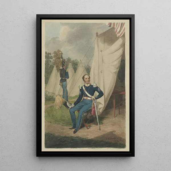 ficer of the First Philadelphia Troop sitting near a tent with a visible desk - John Rubens Smith — framed artwork on a wall