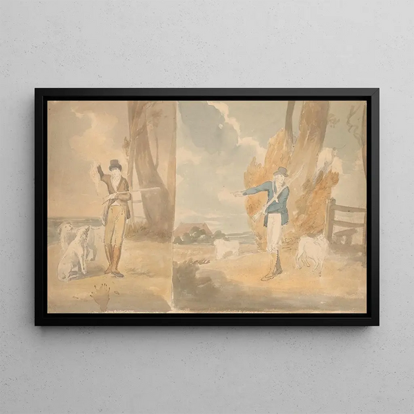 Two hunting scenes - John Rubens Smith — framed artwork on a wall