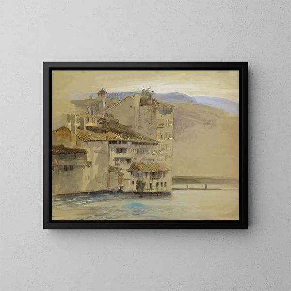 Old houses on the Rhône island in Geneva - John Ruskin — framed artwork on a wall