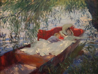 Dame et enfant endormis dans une barque sous les saules - John Singer Sargent — artwork view