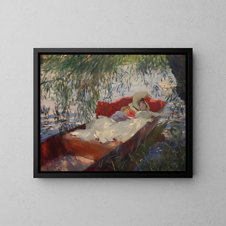 Dame et enfant endormis dans une barque sous les saules - John Singer Sargent — framed artwork on a wall