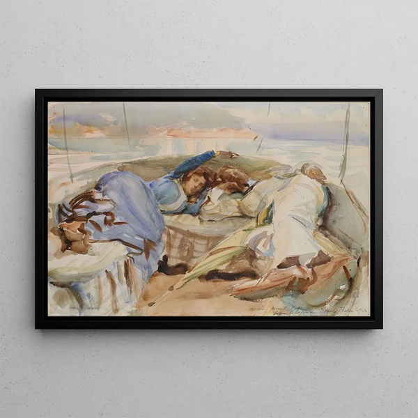 Two Figures in a Boat, Isola Bella, Italy - John Singer Sargent — framed artwork on a wall