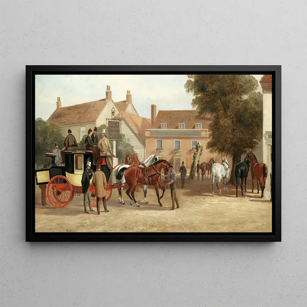 The London to Dorking coach resting at the Marquess of Granby - John Sturgess — framed artwork on a wall