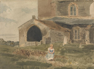 a Young girl sitting on a bank in front of a church - John Thirtle — artwork view