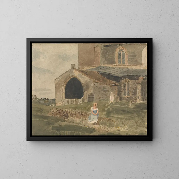 a Young girl sitting on a bank in front of a church - John Thirtle — framed artwork on a wall