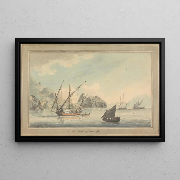 Ships off the coast of Amalfi - John Thomas Serres — framed artwork on a wall