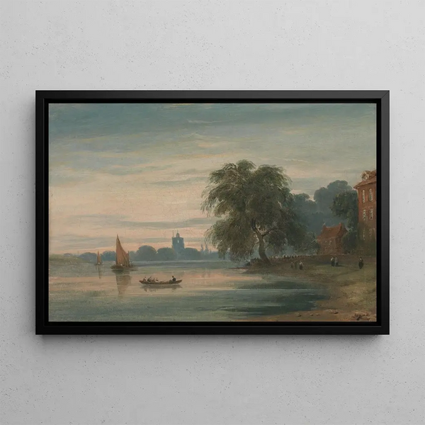 View along the Thames towards the old church of Chelsea - John Varley — framed artwork on a wall
