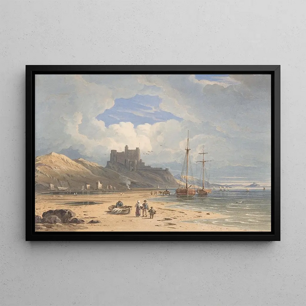 Château de Bamborough depuis le nord-est avec l'île Sainte au loin Northumberland - John Varley — framed artwork on a wall