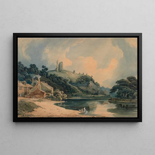 Knaresborough painting on the River Nidd, Yorkshire - John Varley — framed artwork on a wall