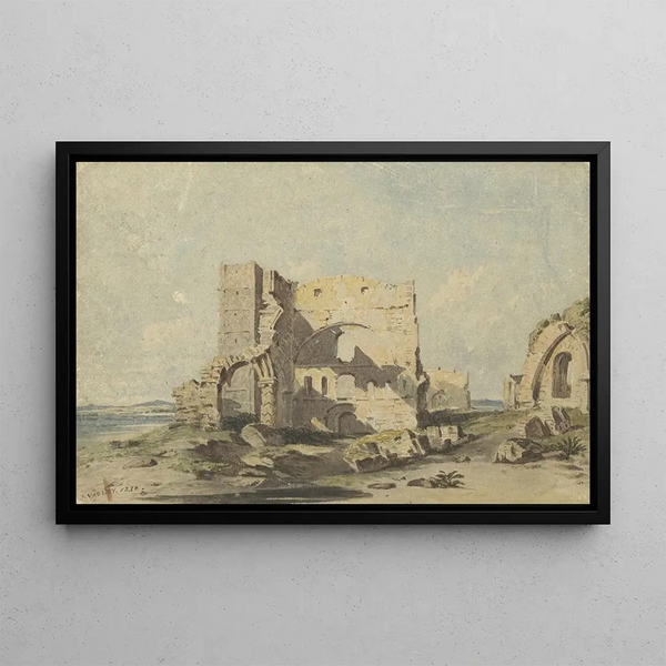Abbey of Lindisfarne on Holy Island, Northumberland - John Varley — framed artwork on a wall