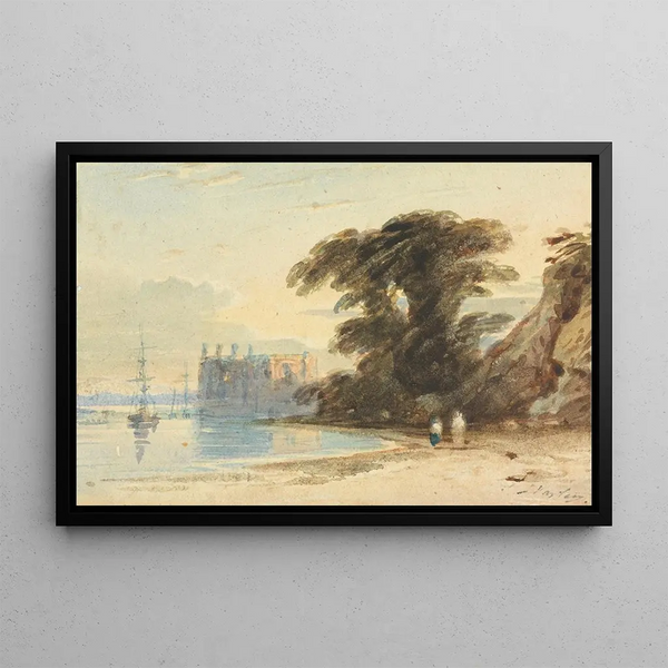 River landscape painting with figures - John Varley — framed artwork on a wall
