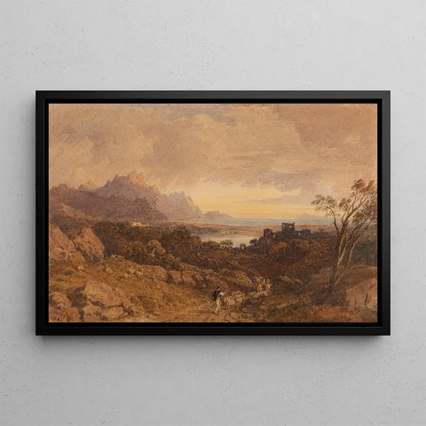 Romantic landscape painting with distant mountains - John Varley — framed artwork on a wall