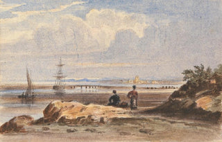 John Varley - Seashore with Two Figures and a Distant Town.webp