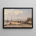 Rivage with two figures and a distant city - John Varley — framed artwork on a wall