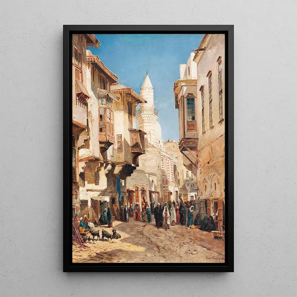 a lively street in front of Emir Mindar Mosque in Cairo - John Varley the Younger — framed artwork on a wall