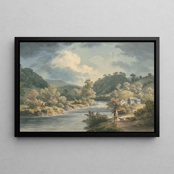 a Fisherman in the Myfod Valley, the site of the Princess of Powis Palace - John Warwick Smith — framed artwork on a wall