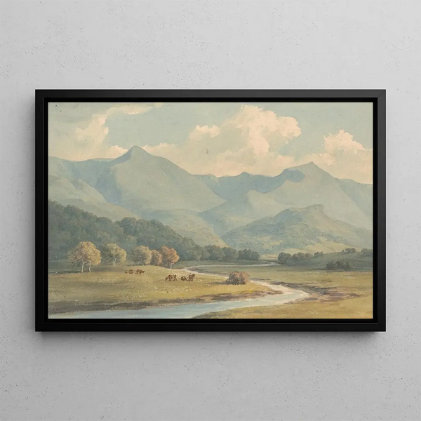 Carnedd Llewelyn and Carnedd David Carnarvonshire seen across the Ogwen River - John Warwick Smith — framed artwork on a wall