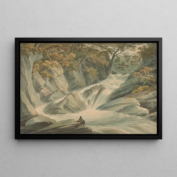 Hafod Upper Part of the Waterfall - John Warwick Smith — framed artwork on a wall