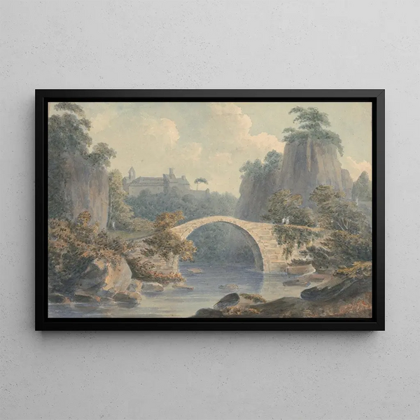 Landscape painting with a single-arch bridge - John Warwick Smith — framed artwork on a wall