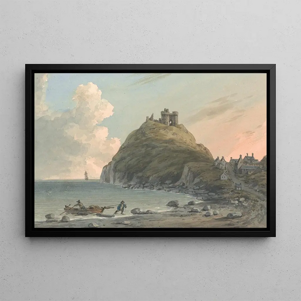 Ruins of Criccieth Castle and part of the town on the bay, east view of Caernarfonshire - John Warwick Smith — framed artwork on a wall