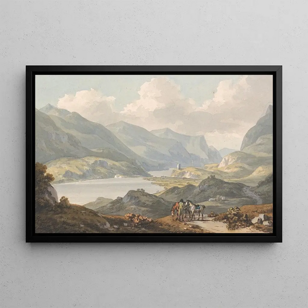The Lakes of Llanberis from the Caernarfon Road towards Llanberis Caernarfonshire - John Warwick Smith — framed artwork on a wall
