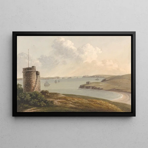 View from the Vidette near Hakin on Signal Hill, looking beyond Nangle Point and Thorn Island, Pembrokeshire - John Warwick Smith — framed artwork on a wall