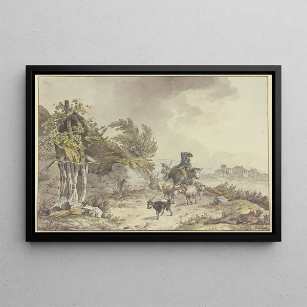 the path next to a dilapidated thatched-roof cottage, a shepherd on horseback, and a farm woman with sheep and goats - John Webber — framed artwork on a wall