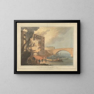 View of the Albion Mill on Fire - John William Edye — framed artwork on a wall