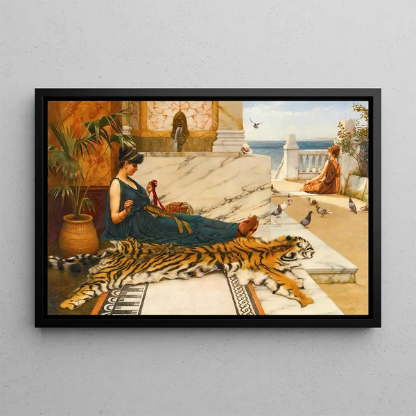 La Jeune Fille à la Peau de Tigre Cousant - John William Godward — framed artwork on a wall